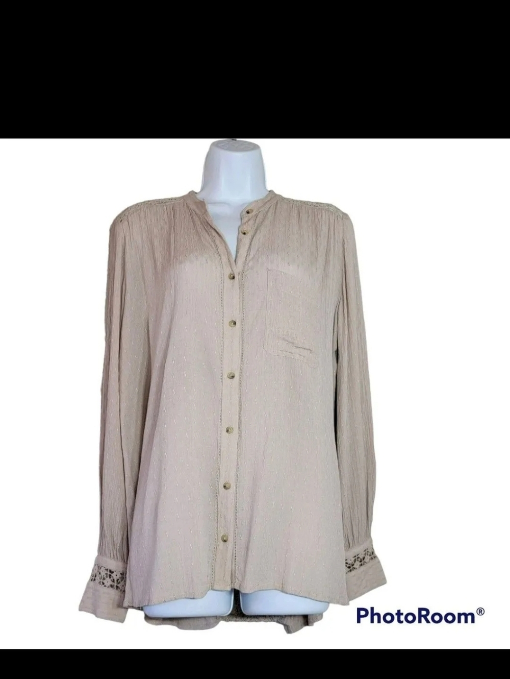 Free People Beige Long Flowy Boho Button Down To With Lace Back